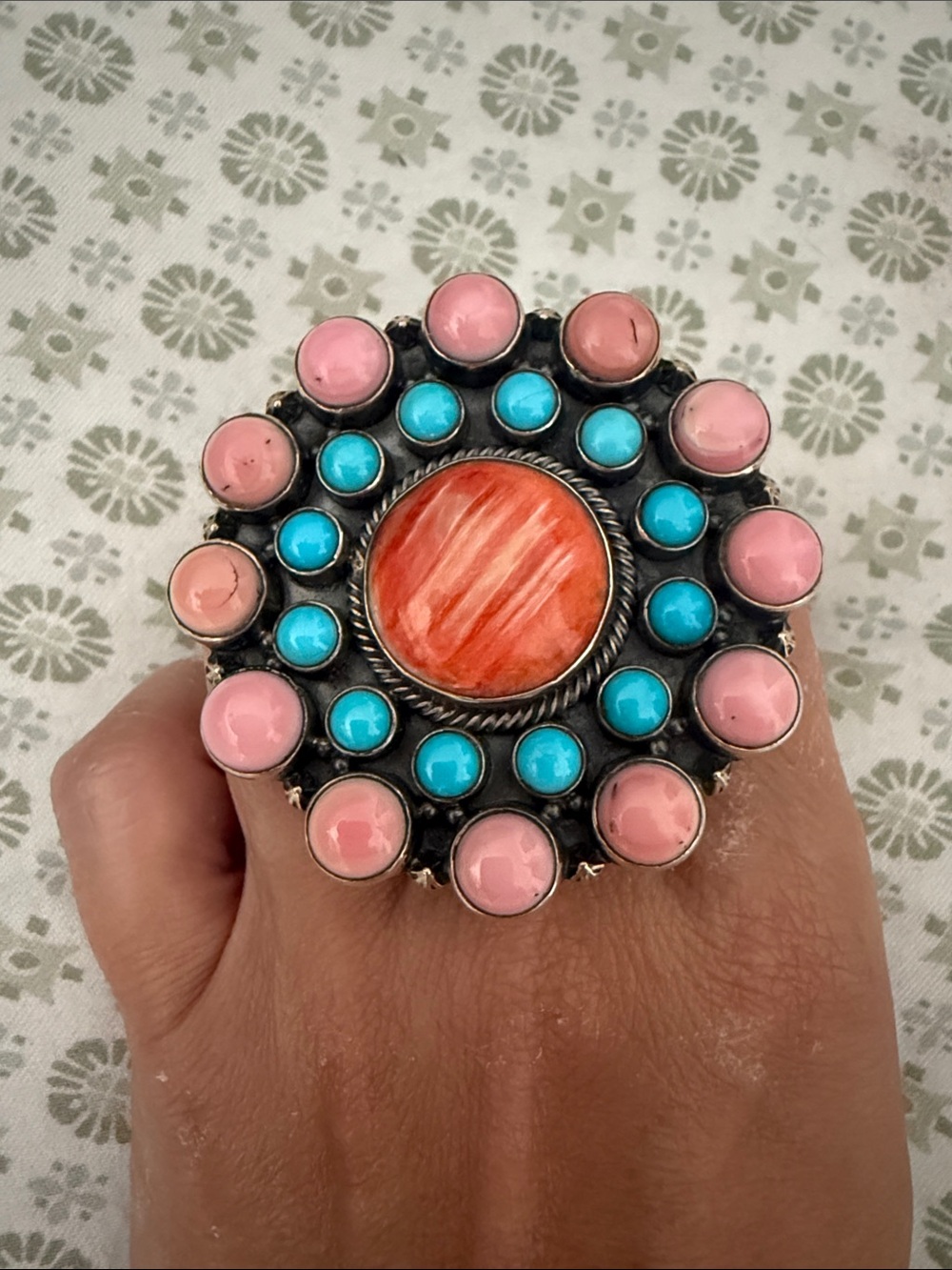 Native Pink Turquoise Red Spiny stamped signed adjustable ring